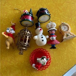 Lot of Vintage Flocked/Blow Mold/other Christmas Clock/Drum/Bird Cage Ornaments